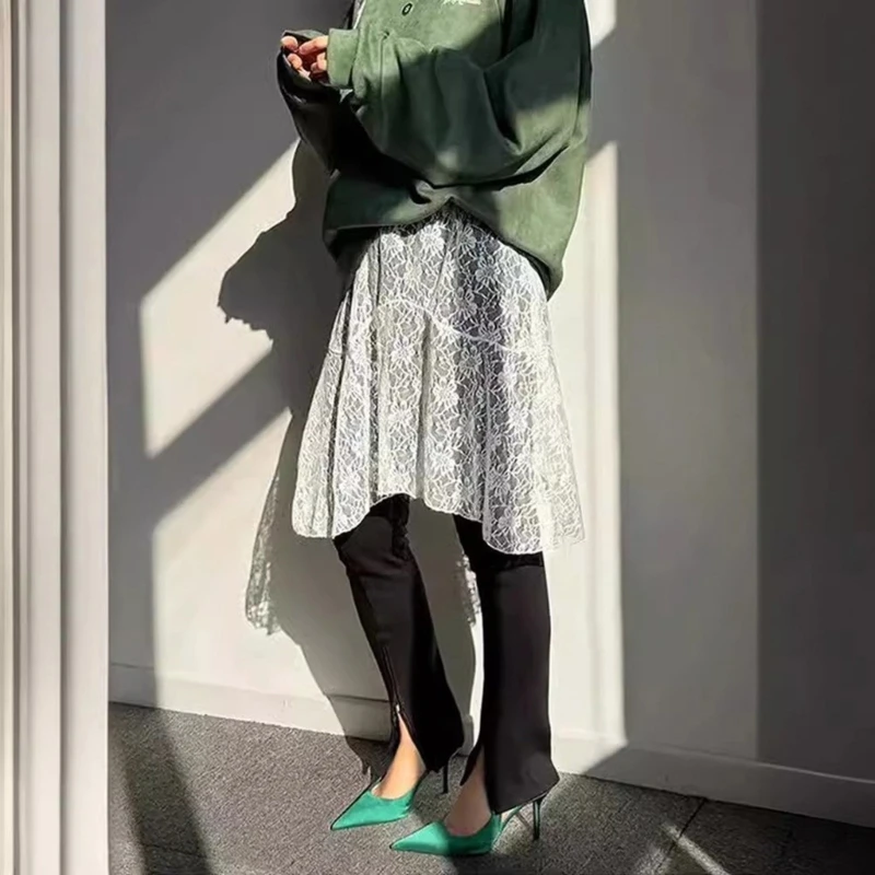 95AB Fairycore многослойная асимметричная прозрачная кружевная юбка-миди с цветочным