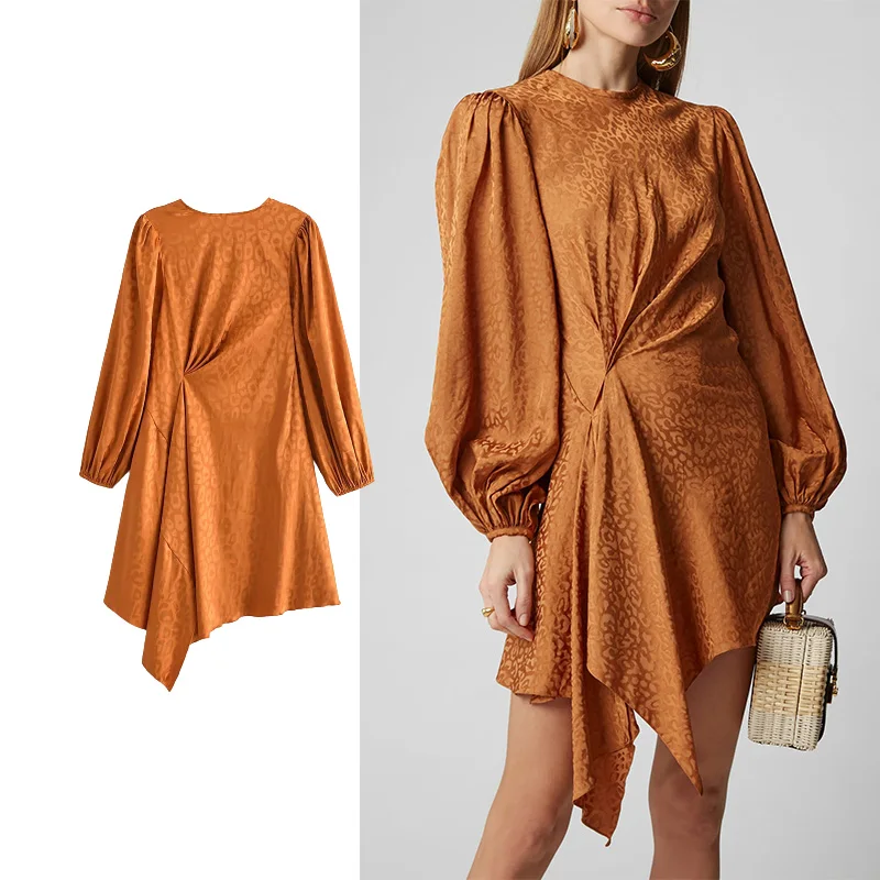 

FALANUO 2021 Za Dress Autumn Fashion New Satin Jacquard Round Neck Dress Woman Casual Retro Long Sleeve Party Dresses