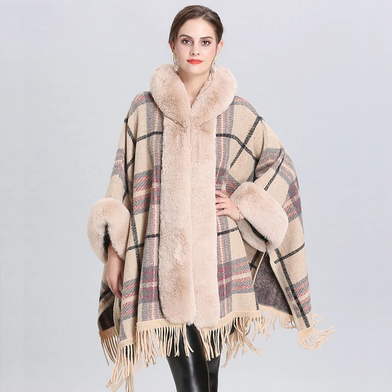 M GIRLS Tassels Wool Blends Plaid Faux Rex Rabbit Fur Cloak Coat Hooded Warm Loose Overcoat Women Winter Cape Shawl Party Dress