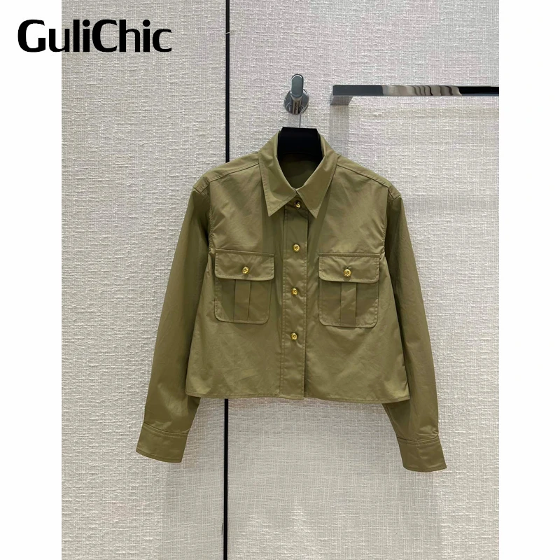 

8,30 GuliChic Женская винтажная Повседневная однобортная хлопковая короткая рубашка с длинным рукавом