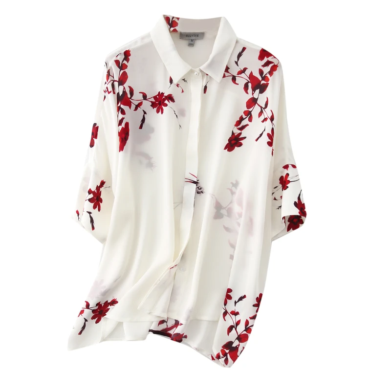 

Oversized Shirt Women Natural Silk 2022 Summer Half Sleeve Free Shipping Items Clothes for Women Prairie Chic Print Blouse Women