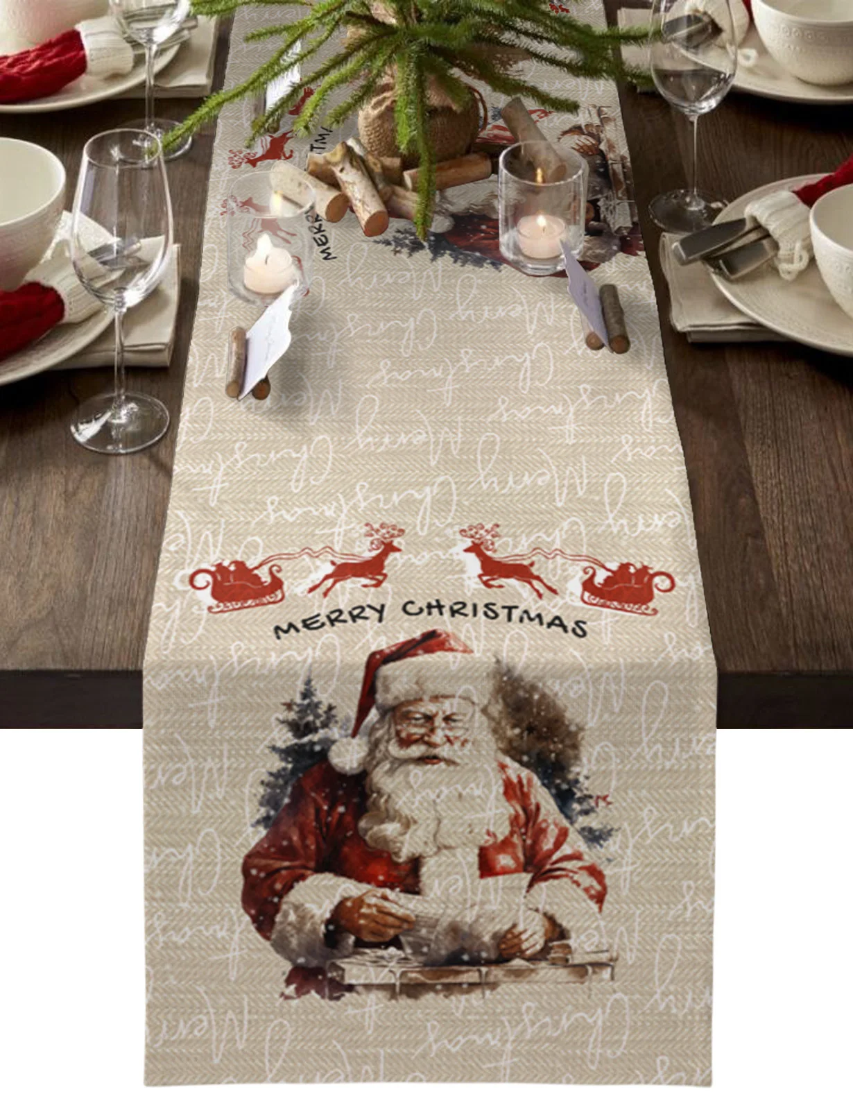 

Christmas Deer Old Man Snowflake Table Runner Home Wedding Table Flag Mat Table Centerpieces Decoration Party Long Tablecloth