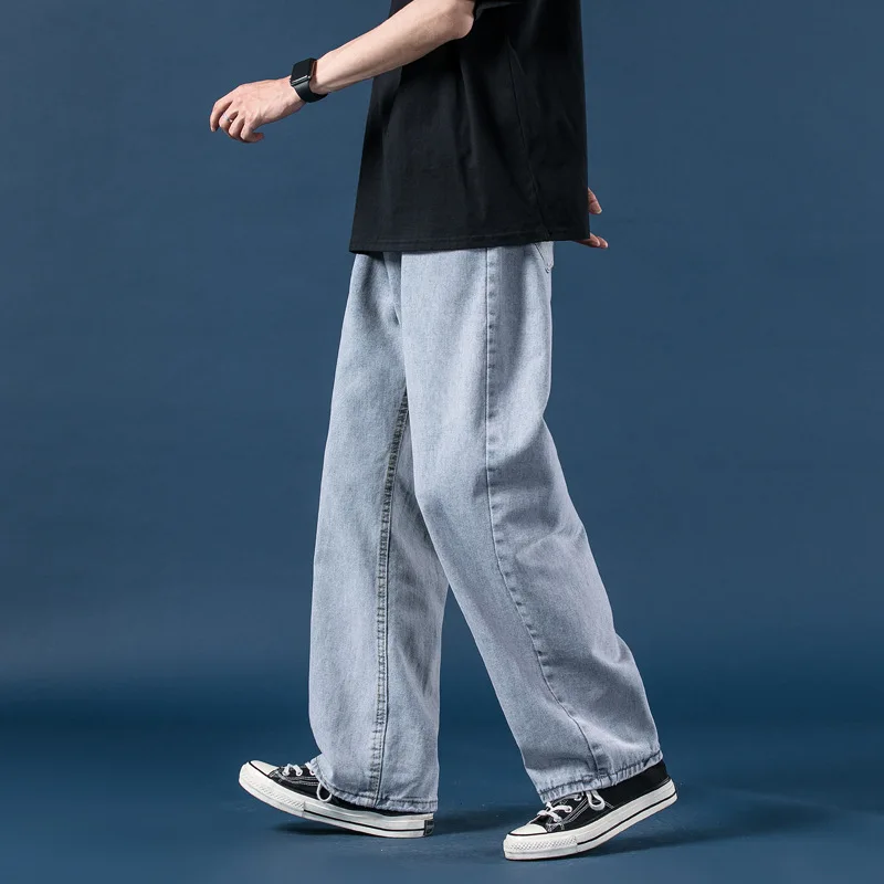 Men's Hip Hop Loose Jeans 2022 Spring New Streetwear Straight Baggy Wide Leg Denim Pants Male Retro Daddy Trousers Light Blue
