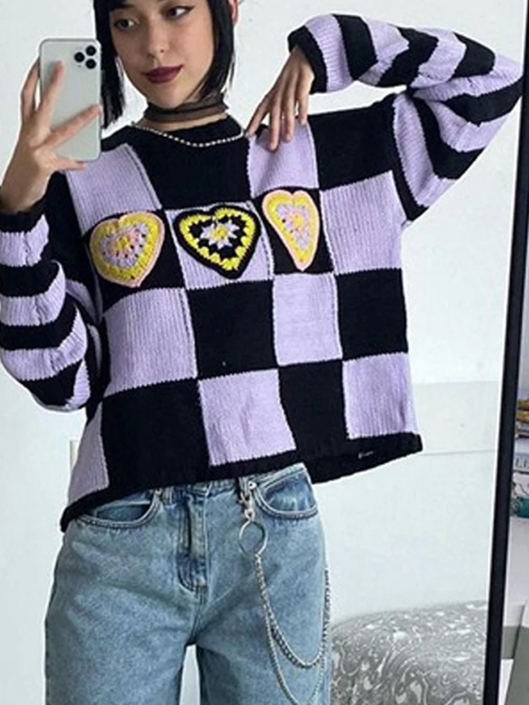 

2022 Dark Gothic Aestehtic Autumn Winter Sweaters Women Checkboard Grunge Cute Pullovers Loose Oversize Fashion Knitted Sweater