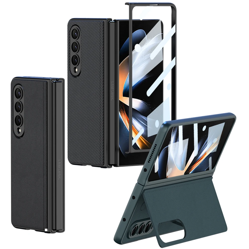 

Luxury Magnetic Leather Cover For Samsung Galaxy Z Fold 4 Case Front Tempered Glass Kickstand Cover For Galaxy Z Fold4