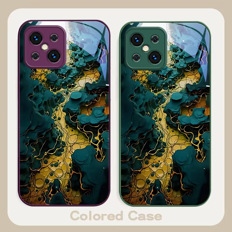 Lava landform dark green For Find X5 X3 Lite Reno 6 4Z 5G OPPO A72 79 73 58 A54S OnePlus Nord N200 Tempered glass phone case