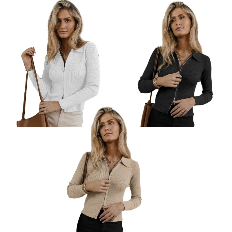 

Женский трикотажный свитер на молнии, облегающий свитшот с длинным рукавом, кардиган, базовая верхняя одежда с отложным воротником, кардига...