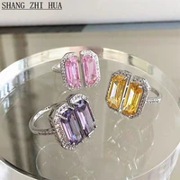 design sense rectangular cut crystal opening silver color ring for woman fashion luxury korean jewelry wedding party girls ring