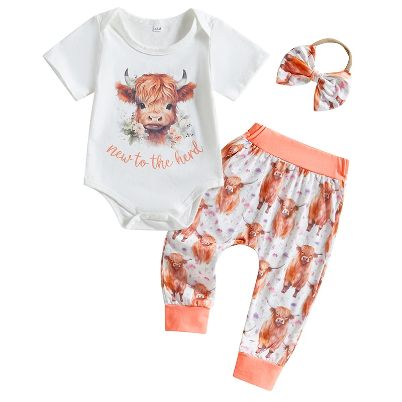 Baby Girl Summer Outfits Letter Cow Print Short Sleeve Romper Long Pants Headband 3Pcs Clothes Set
