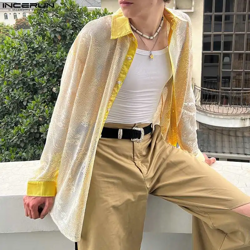 

2023 Men Shirt Mesh Lace Patchwork Transparent Sexy Lapel Long Sleeve Male Shirts Streetwear Party Fashion Camisas S-5XL INCERUN