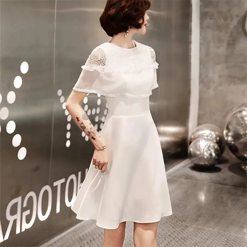 

Solid Color Stitching Lace Dress Summer New Round Neck Short Sleeve Pullover A-line Skirt Slim Fashion Women's Clothing M112