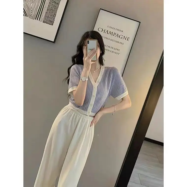 

2022 Women Summer New Fashion 2 Piece Sets Female Short Sleeve V-neck Coats Ladies High Waist Casual Wide-leg Pants Suits N24