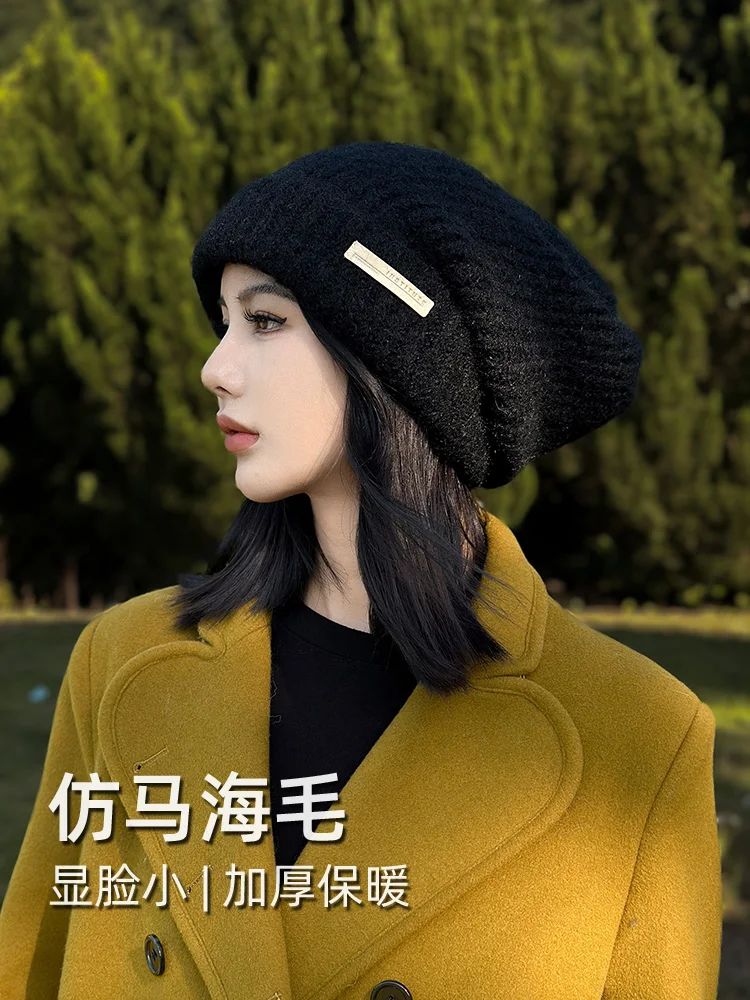Bald Girl ~ Knitted Sleeve Cap Women's Autumn and Winter Warm Cold-Proof Beanie Hat Thickened Earmuff Pile Sle Woolen