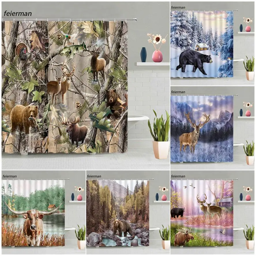 

Занавеска для душа с изображением леса животных s, лося, медведя, фермы, коровы, крупного рогатого скота, оленя, деревенского ландшафта, занав...