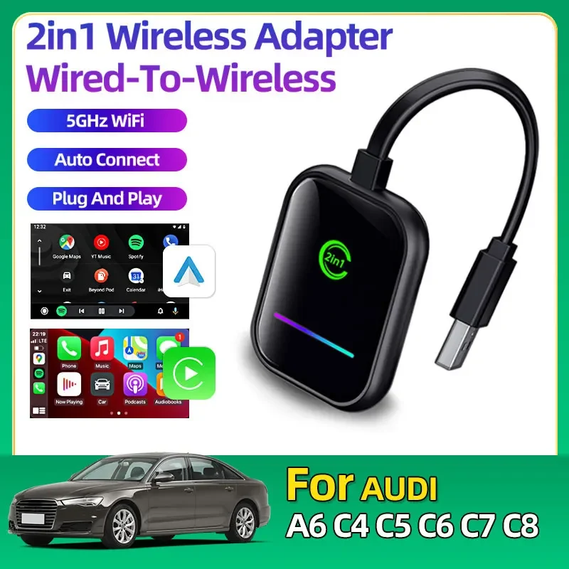 

Для Audi A6 C4 C5 C6 C7 C8 Проводной к беспроводному адаптеру CarPlay Автомобильный ключ Для IOS CarPlay Android Auto 5 ГГц WiFi BT Быстрое подключение