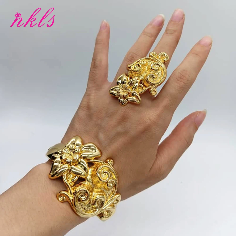 Luxury Flower Design Bracelet Ring Gold Color Middle East Copper Bangle Dubai Saudi Trendy Jewelry For Bridal Arabic Party Gift