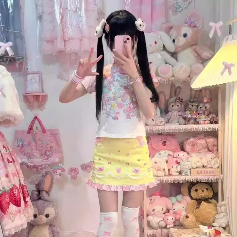 Kawaii Эстетическая юбка с рюшами для девочек женская милая мини-юбка бантом и