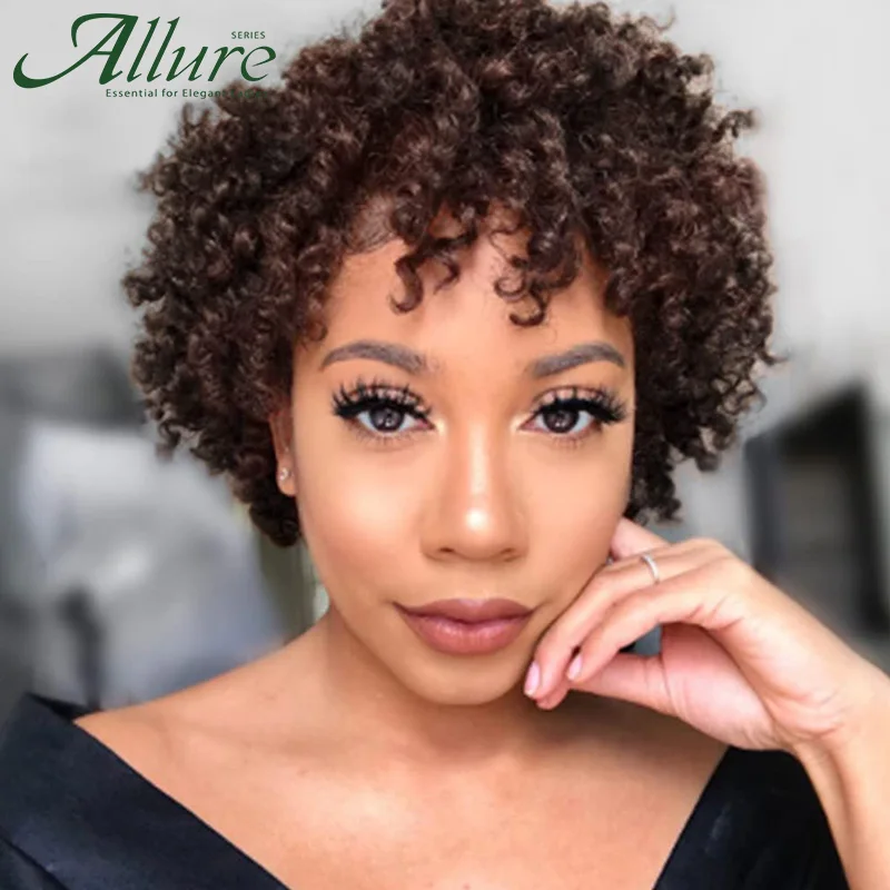 Short Brown Afro Curly Human Hair Wigs For Black Women Afro Kinky Puff Human Hair Soft Spiral Curl Brazilian Remy Hair Allure