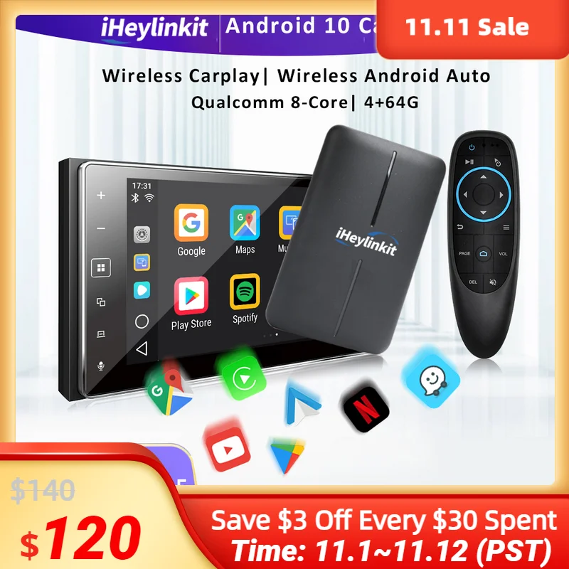 Цена IHeylinkit беспроводной CarPlay Ai Box Qualcomm 6125 665 8-ядерный Android Авто Netflix Youtube воспроизведение SIM-карт для Audi Kia Toyota Benz