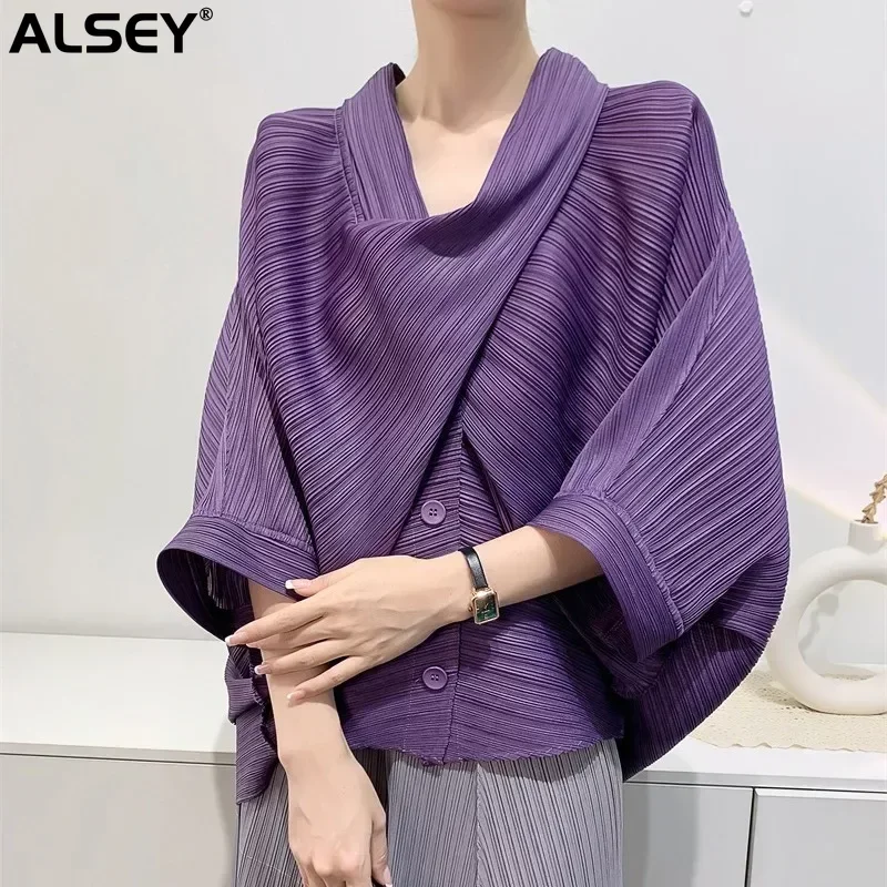 Фото Оригинальная плиссированная короткая куртка ALSEY Miyake для женщин, весна-лето 2024, новинка, Свободный Повседневный Топ с рукавом в семь минут и воротником-шарфом №1