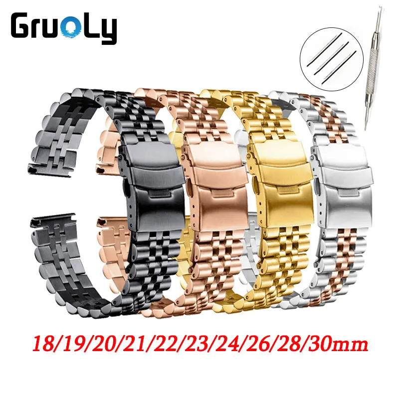 

18mm 19mm 20mm 21mm 22mm 23mm 24mm 26mm 28mm 30mm Watch Strap Solid Stainless Steel Wristband Safety Folding Buckle Accessories