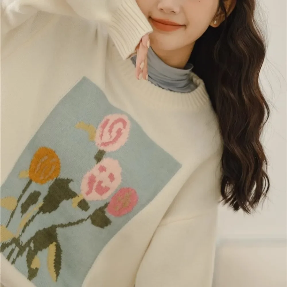 Женские пуловеры вязаные с цветочным принтом милые нежные свободные