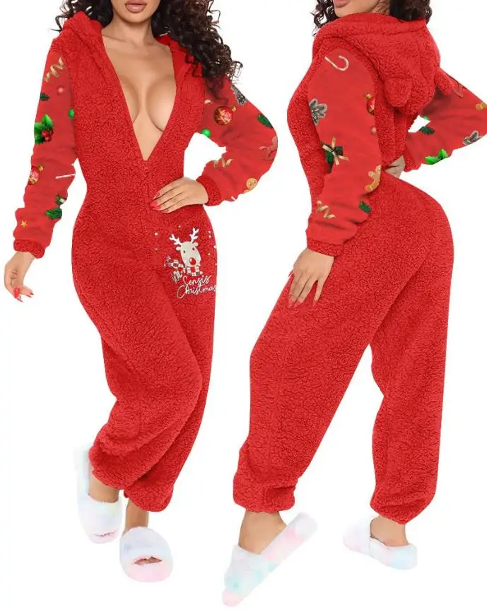 

Pajama Jumpsuits Christmas Onesie Home Europe and America Fashion Graphic Print 3D Ear Functional Fluffy Lounge Chic Jumpsuit