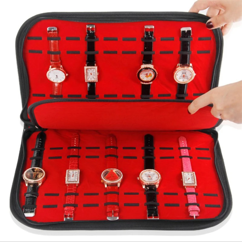Multifunction Portable Watch Strap Organizer Leather And Flannel Watch Travel Case Pouch Black Red T1301 Wholesale