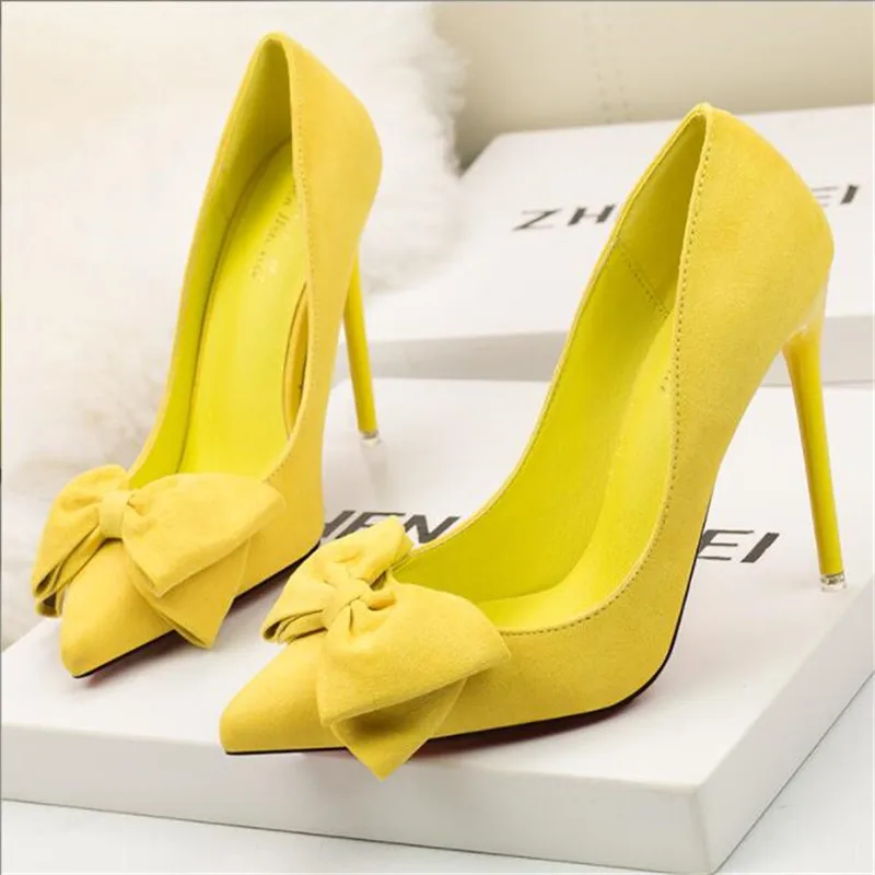 

2022 Sweet Women Yellow Blue Pink High Heels Pumps Escarpin Stiletto Butterfly Knots Tacones Heels Designer Wedding Party Shoes