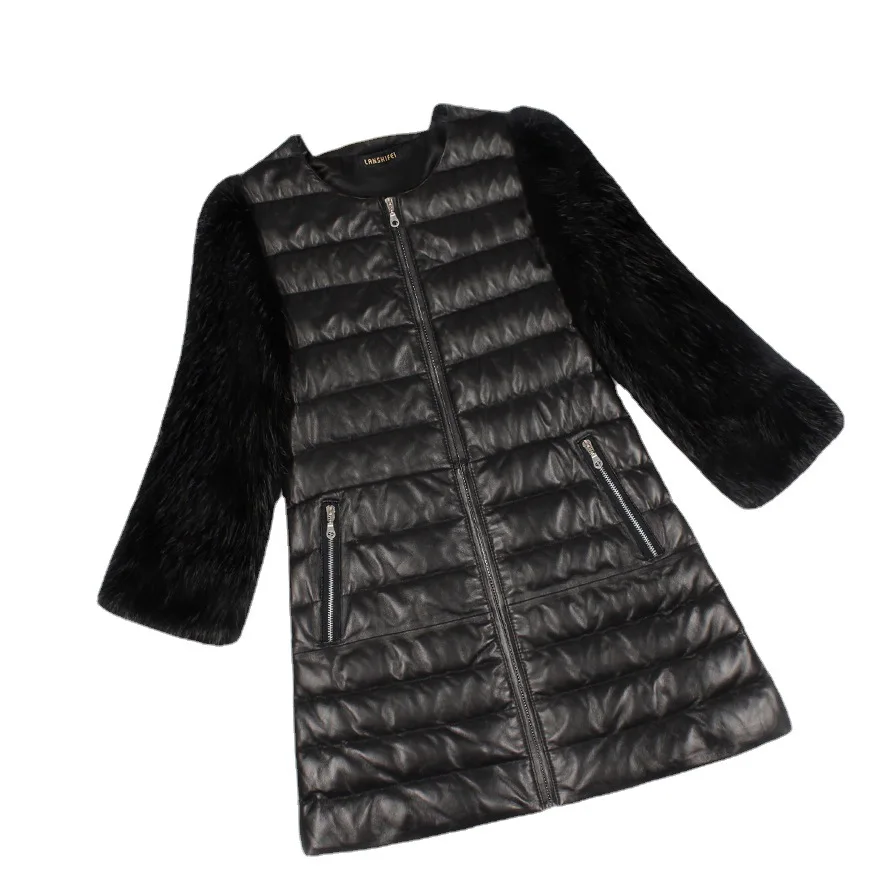 Women's Leather Fur Coat Fashion Stitching PU Leather Imitation Fur 3/4 Sleeve Coat Overcoat Top for Women Faux Fur Coat