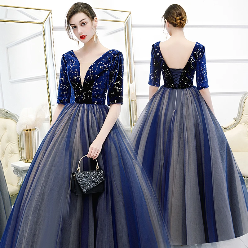

Exquisite Quinceanera Dresses Deep V-neck Three Quarter Sleeve Prom Dress Elegant Simple Fashion Vestidos Plus Size Ball Gown