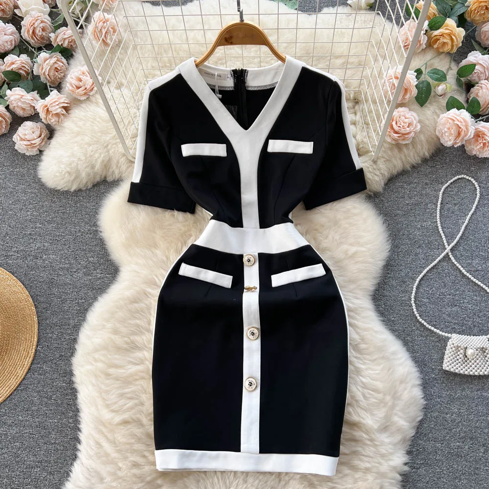 

Chic Elegant V Neck Elastic Knit Short Sleeve Pencil Dress Korean Fashion Slim Wrap Vestidos Summer Women Office Lady Dress