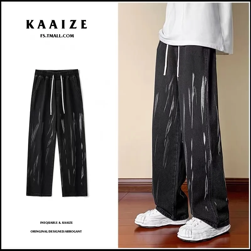 

Американские винтажные джинсы, мужские прямые свободные брюки-трубы с широкими штанинами, мужские повседневные брюки с эластичным поясом на осень и зиму