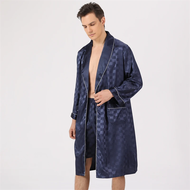 Bathrobe + Shorts Two-Piece Faux Silk Bath Robe Men Satin Bathrobe Soft Cozy Long-sleeved Hotel Sauna Print Men Kimono Nightgown