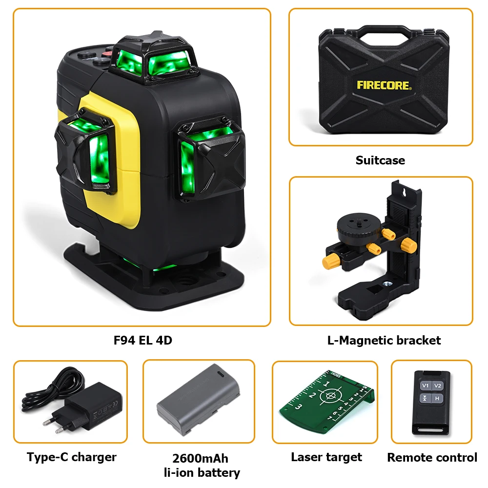 FIRECORE Профессиональный электронный лазерный уровень Anping 4D 16 линий, металлическое окно, покрытие против беспокойства, IP65, F94 EL