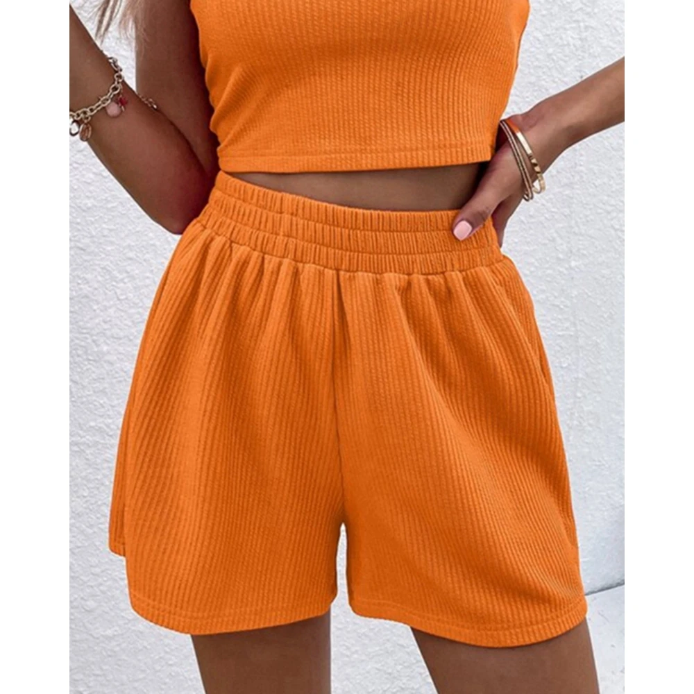 2023 Casual Women Knitted Ribbed Sleeveless U-Neck Vest Cami Top & Shorts Set Summer Two Pieces Suit Set Outfits Homewear Lounge