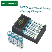 pujimax rechargeable aa battery pack with 4 slots battery charger 1 2v nimh batteries set for flashlight ktv speaker microphone