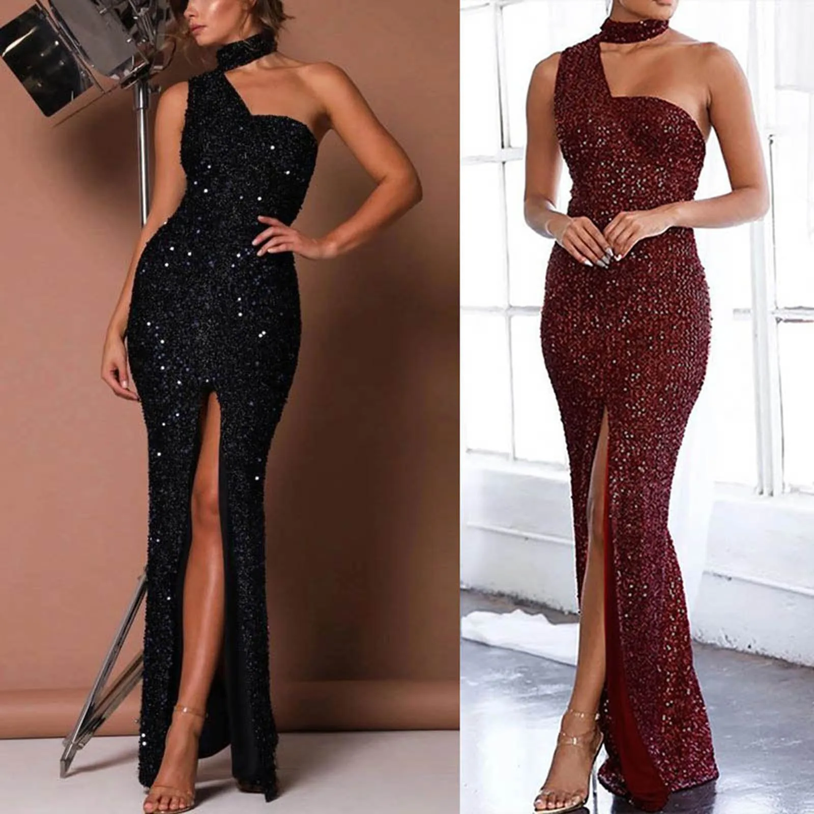 

Women's Pure Color Bosom Wrapped Sequins Waist Temperament Sweet Dress One Shoulder Dress