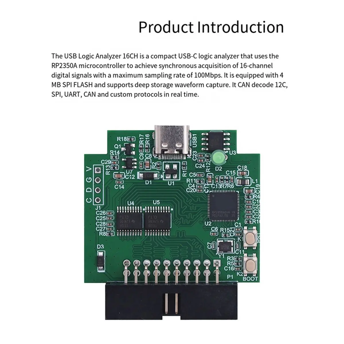 Фото Логический анализатор USB 16-канальный, USB-C, на базе микроконтроллера RP2350A, для синхронного сбора цифровых сигналов №2