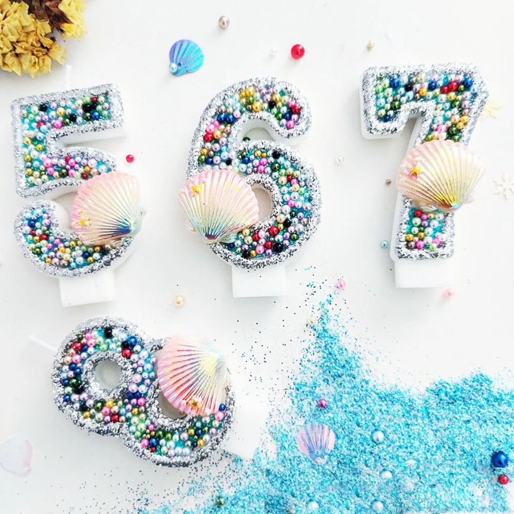 

Blue Sea Shell Sequins Number Birthday Candles Cake Topper Birthday Wedding Digital Cakes Dessert Decor Mermaid Party Decoration