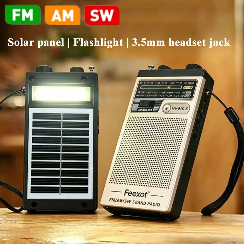 Фото Миниатюрное карманное FM/AM/SW радио с солнечной панелью, портативное, полночастотное, перезаряжаемое, с LED-фонариком и разъемом для наушников 3,5 мм