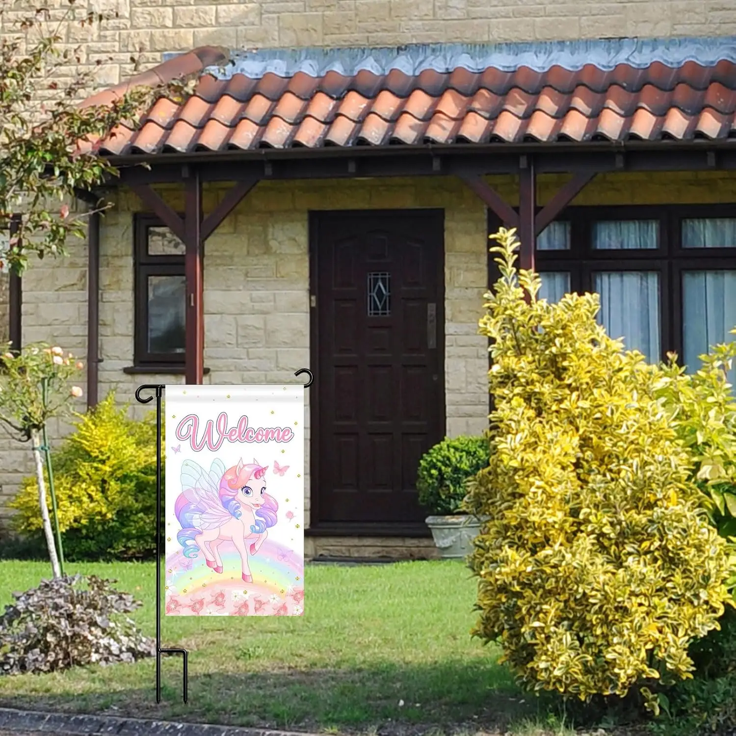 Единорог Добро пожаловать Садовый флаг - Welocm Домашняя вечеринка Дверной знак