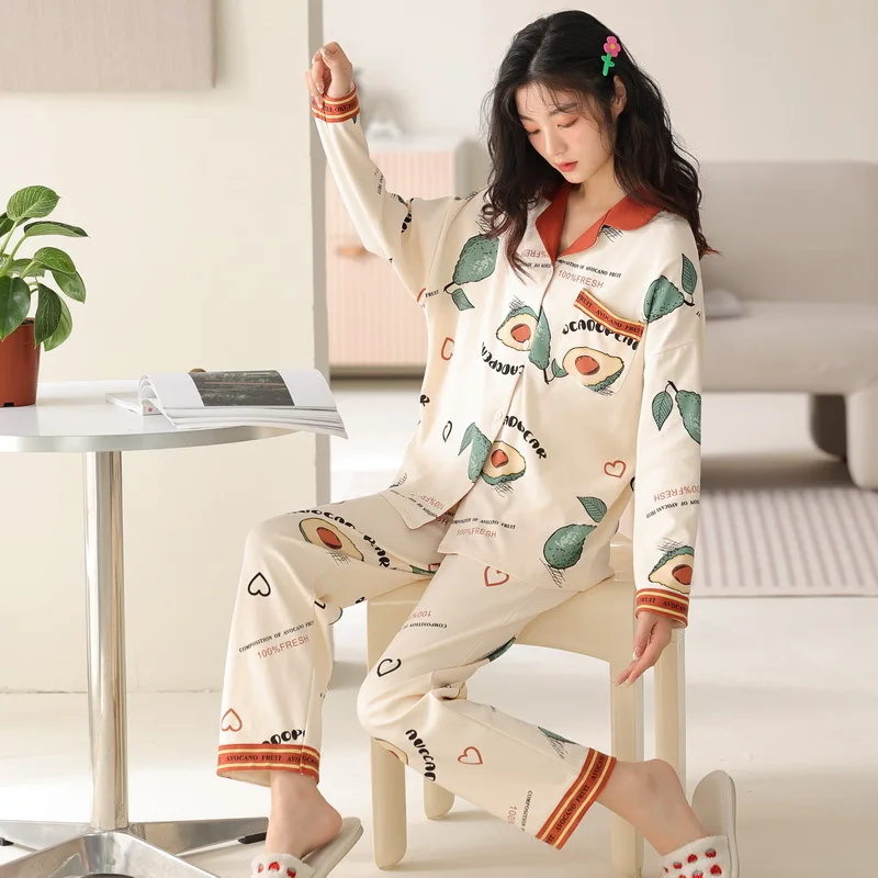 Yasuk Spring Autumn Fashion Women Casual Soft Print Sleepwear Homewear Pajamas With Pants Sweet Fruits Avocados Simple Cotton