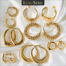 LUXUSTEEL Minimalist Stainless Steel Hoop Earrrings for Women Gold Color Metal Circle Earrings Vintage Girls Party Jewelry Gifts
