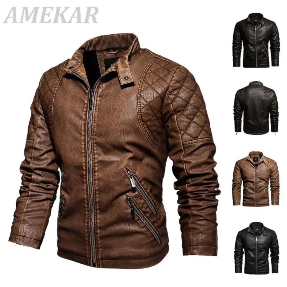2022 Mens Motorcycle Jacket Autumn Winter New Faux PU Leather Jackets For Men Casual Embroidery Biker Coat Zipper Fleece Jacket