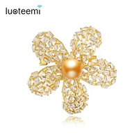luoteemi gorgeous big cubic zirconia flower brooches for women christmas chic gifts gold gray imitation pearls cloth accessories