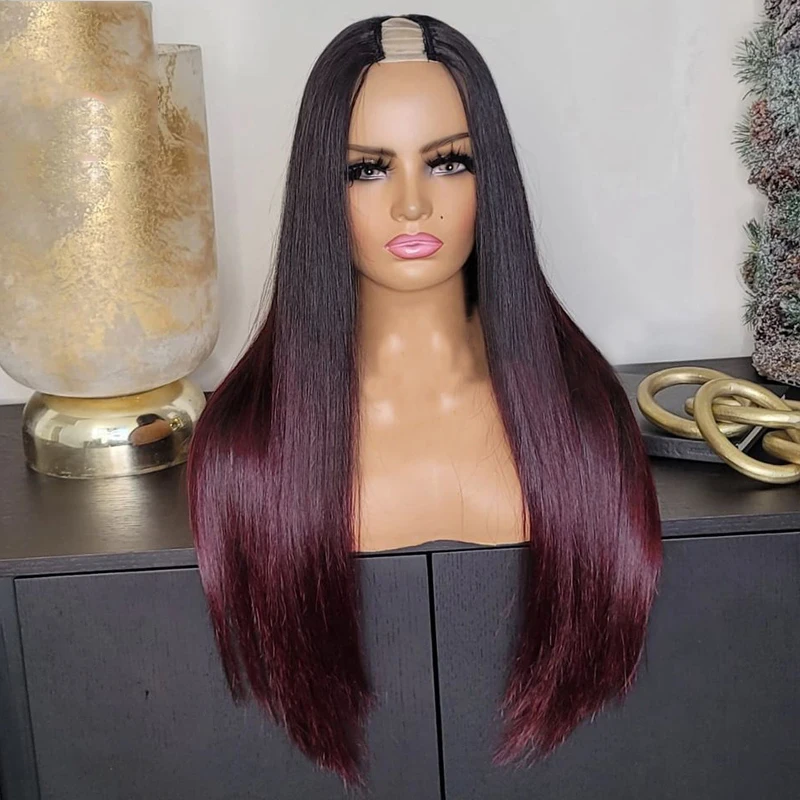 Ombre Red Wine Straight 24 inch Long U Part Wig European Remy Human Hair Wigs Glueless Jewish Soft Wig For Black Women