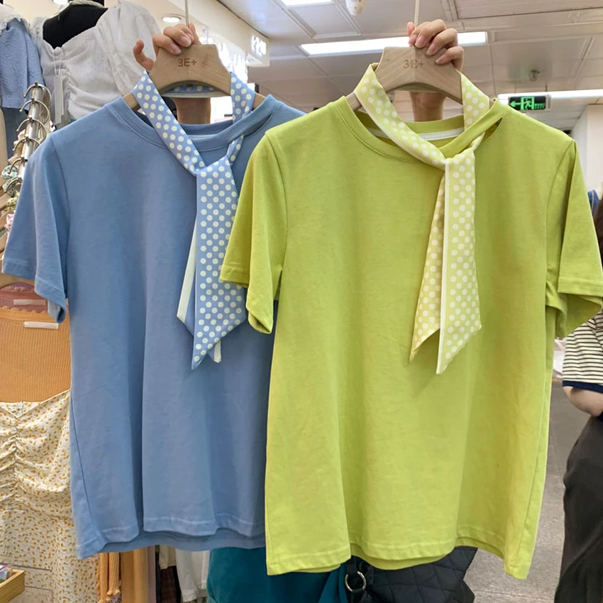 

Элегантная Однотонная футболка с воротником-шарфом во Франции, модные офисные Топы в Корейском стиле для женщин, простая уличная одежда с к...