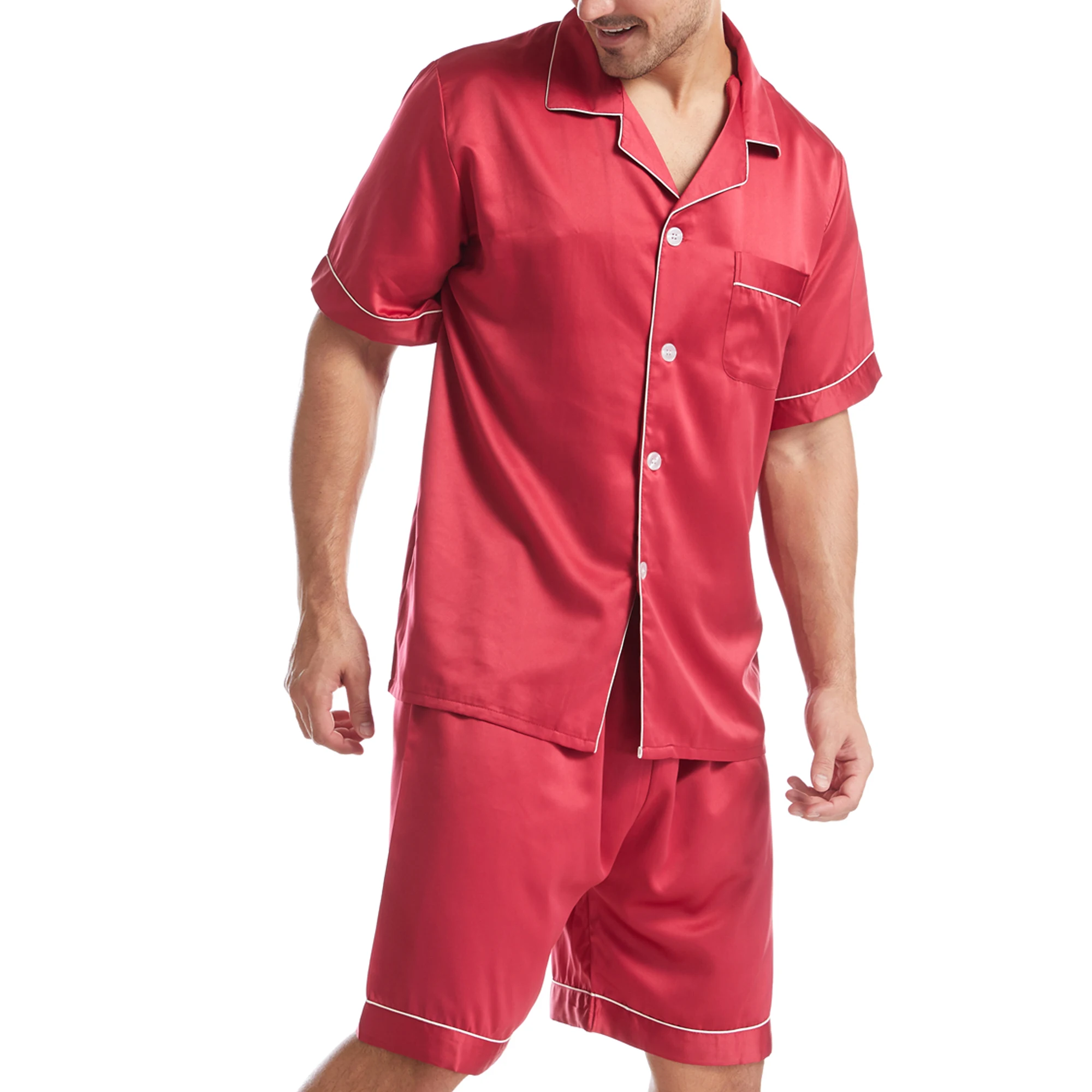 YUFEIDA Ice Silk Pajamas Set Turn Down Collar Summer Short-sleeve Thin Silk Pajama Men Casual Solid Color Homewear Set Sleepwear