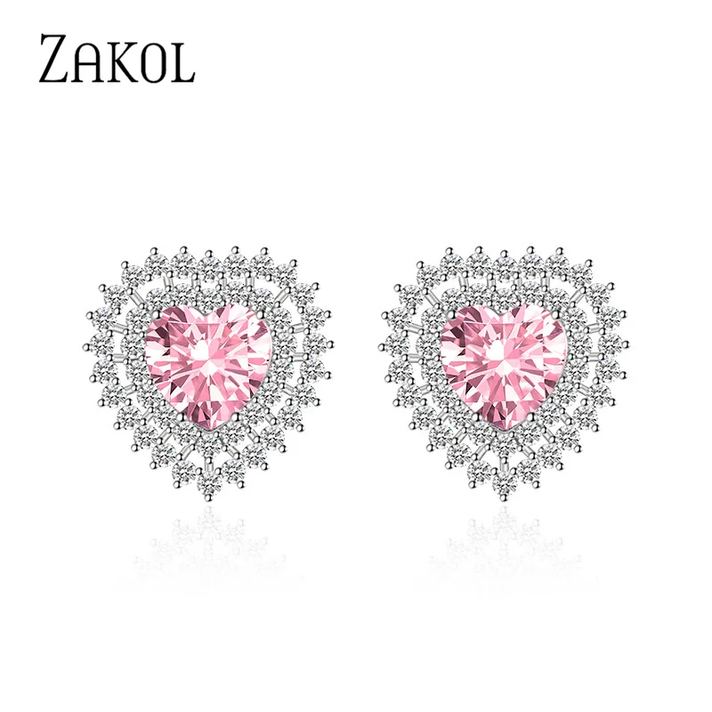 

ZAKOL корейские модные розовые серьги-гвоздики с кубическим цирконием ААА в форме сердца, многоцветные CZ свадебные украшения для женщин